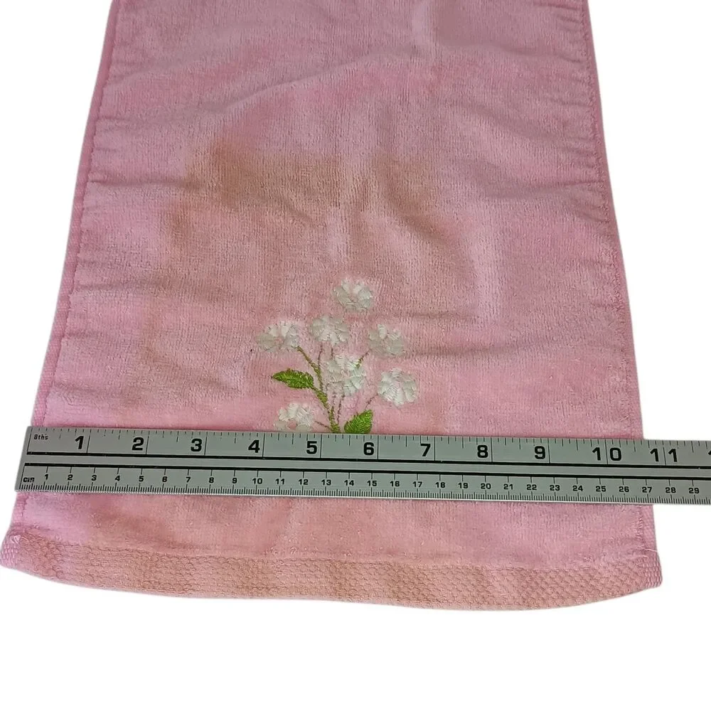 Two Utica by J P Stevens Hand Towels Pink White Embroidered Flowers Cotton VTG